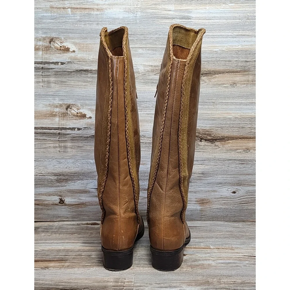 Tan Leather Knee High Equestrian Boots with Braided Trim Size 9